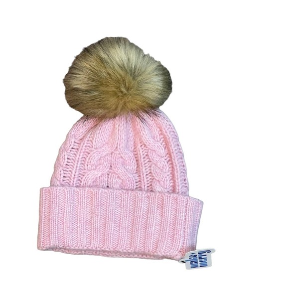 NEW Halogen 100% Cable Knit Cashmere Pompom Beanie Pink One Size